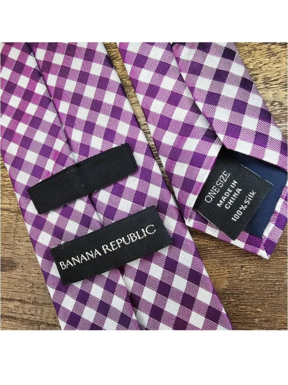 Banana Republic 100% Silk Narrow Skinny Tie Gingham Check Plaid Lilac White